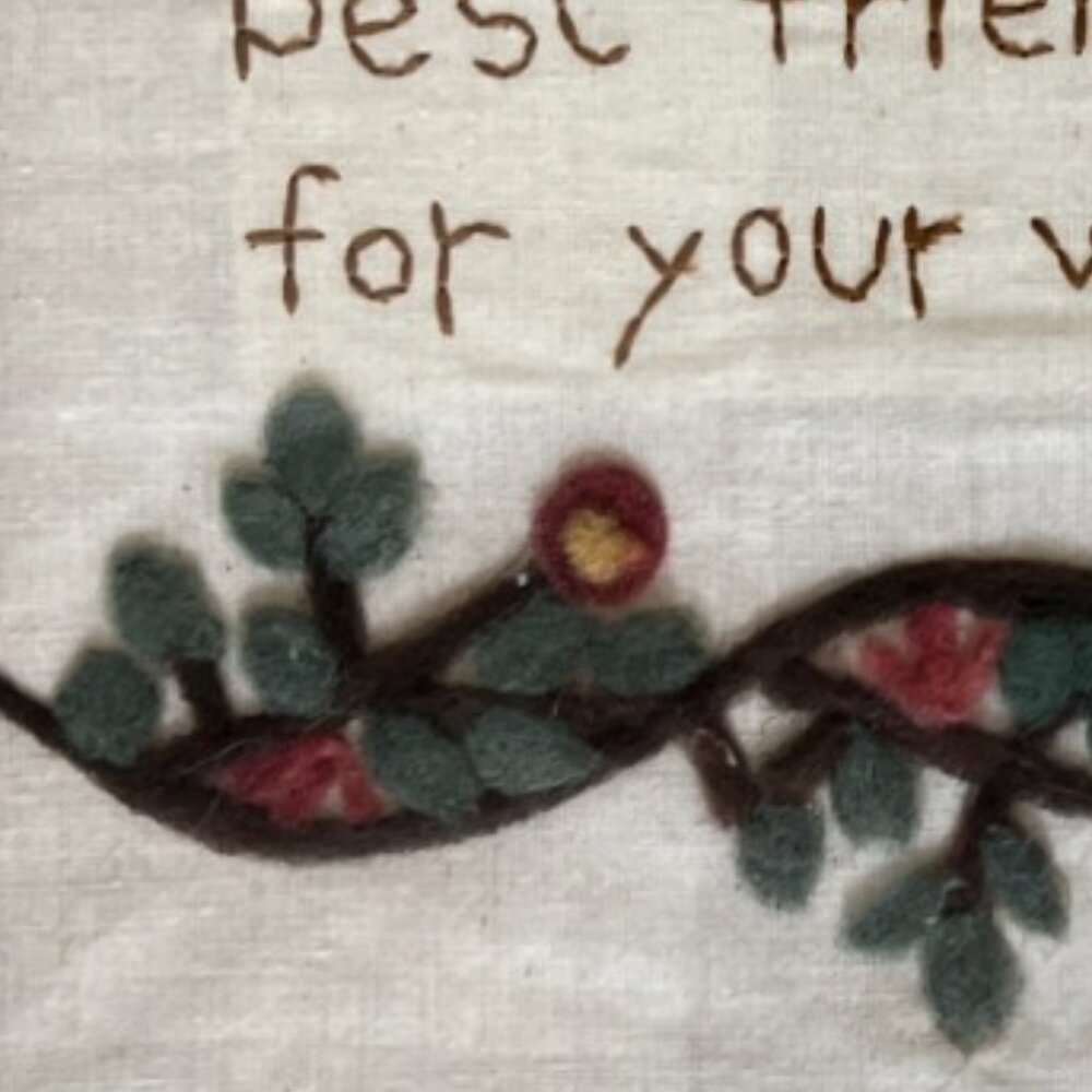 Charming FRAMED NEEDLEPOINT on Fabric w Applique Embroidery Sisters 12.5" sq - Picture 5 of 8